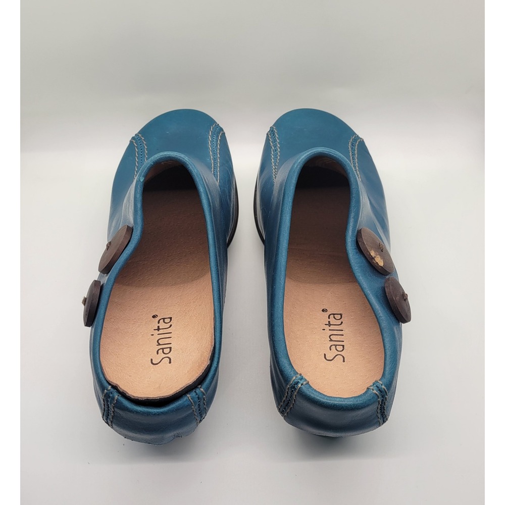 Sanita Teal Blue Leather Mule Clogs Women EU 37 US 6.5-7 Comfort Button 70s 90s - Picture 14 of 16
